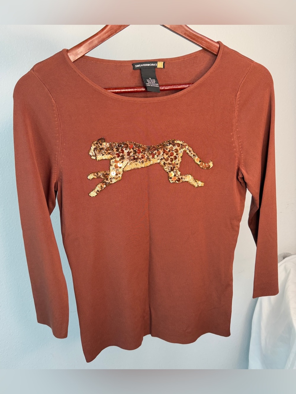 Vintage 90s Y2K Sweaterworks Sequin Cheetah Top Ribbed Knit Whimsigoth Animal
